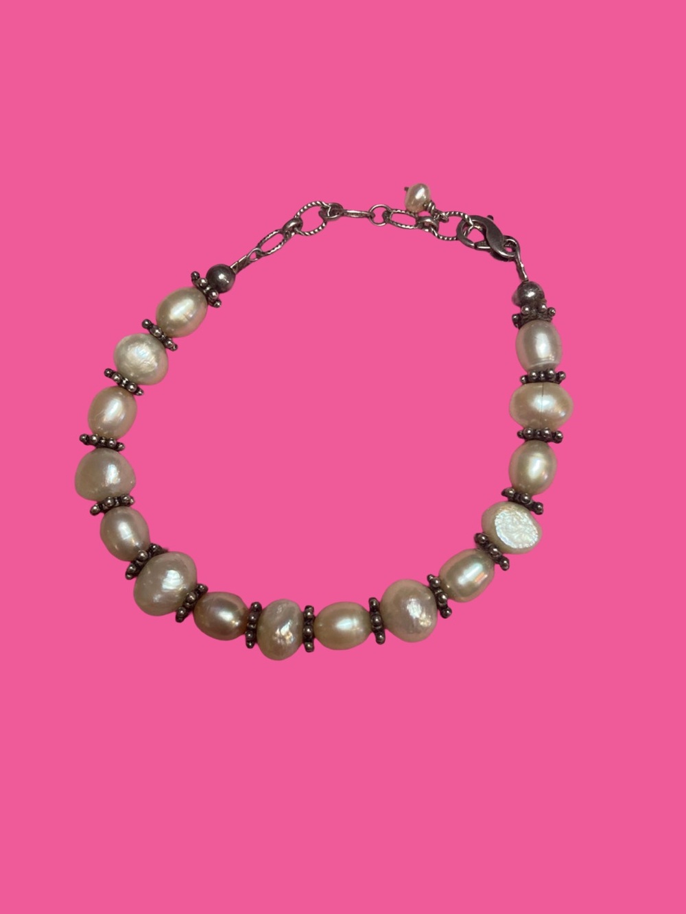 Genuine Freshwater String of Pearls Adjustable Bracelet with Silver Accent Beads